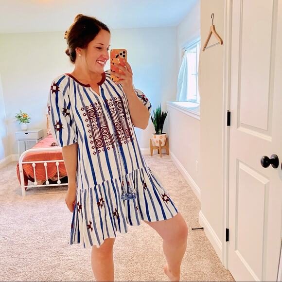 FIGUE Red White Blue Embroidered Puff Sleeve Mini Dress Medium M - Picture 1 of 14